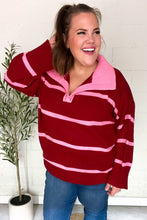 Load image into Gallery viewer, Fall For You Stripe Notched Neck Collared Oversized Sweater in Crimson
