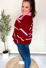 Load image into Gallery viewer, Fall For You Stripe Notched Neck Collared Oversized Sweater in Crimson
