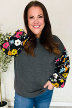 Load image into Gallery viewer, Diva Dreams Black Floral Bubble Sleeve Rib Mineral Wash Top
