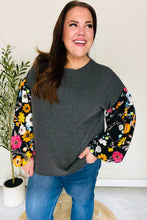 Load image into Gallery viewer, Diva Dreams Black Floral Bubble Sleeve Rib Mineral Wash Top
