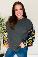 Load image into Gallery viewer, Diva Dreams Black Floral Bubble Sleeve Rib Mineral Wash Top
