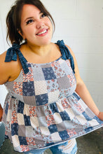 Load image into Gallery viewer, Denim Patchwork Babydoll Shoulder Tie Top
