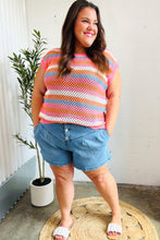 Load image into Gallery viewer, Pretty In Pink &amp; Blue Striped Netted Crochet Dolman Sweater Top
