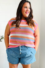 Load image into Gallery viewer, Pretty In Pink &amp; Blue Striped Netted Crochet Dolman Sweater Top
