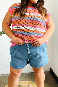 Faded Blue High Rise Pleated Button Down Denim Shorts