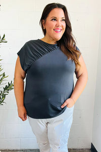 Charming In Asymmetrical Shirred Drop Shoulder Modal Top in Charcoal