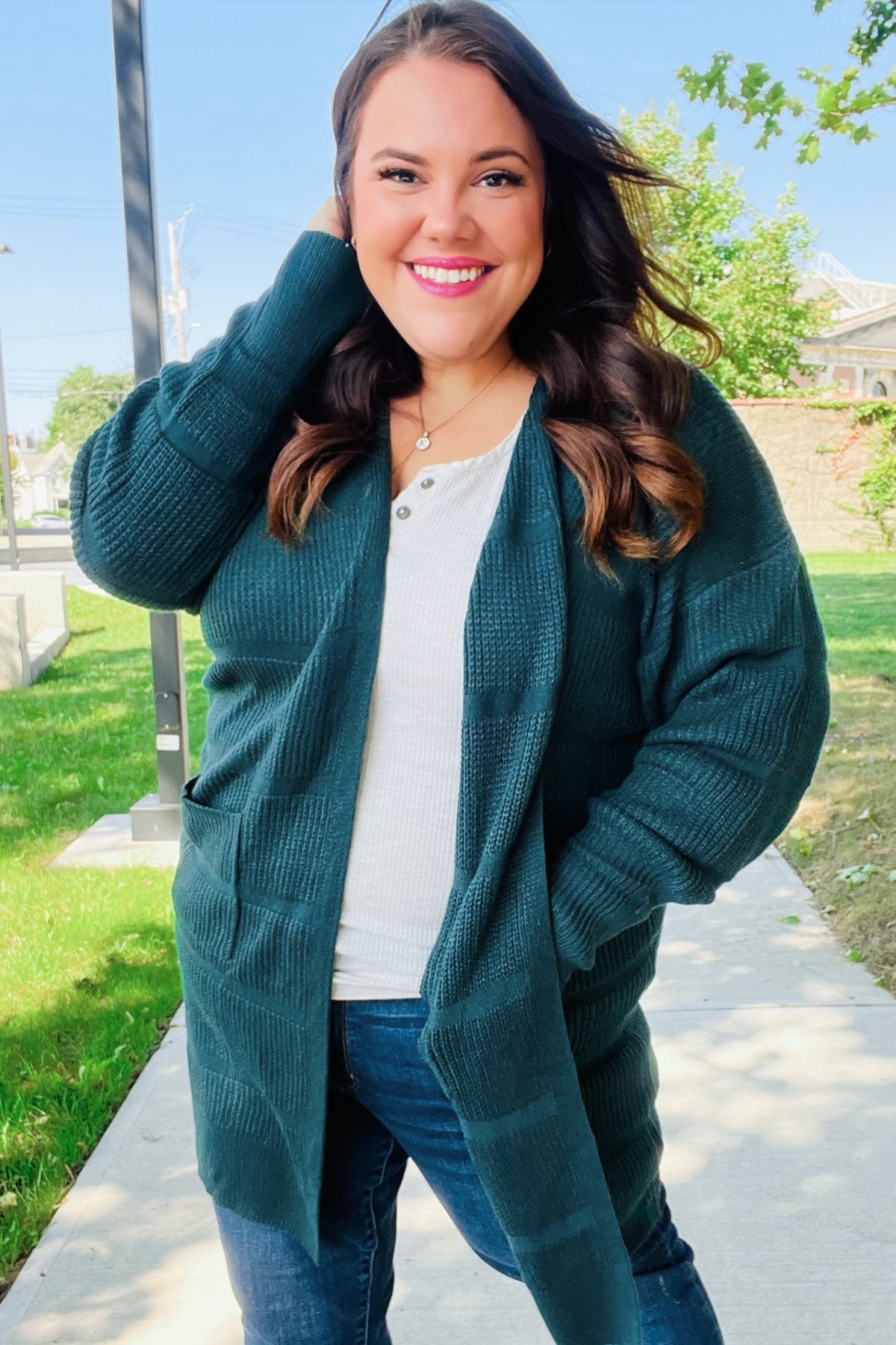 Striped Knit Open Cardigan in Hunter Green