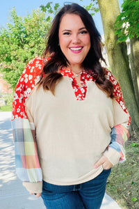 Rust & Oatmeal Plaid Floral Color Block Notch Neck Top