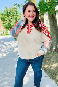 Rust & Oatmeal Plaid Floral Color Block Notch Neck Top