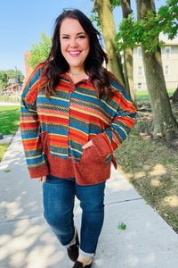 Rust & Teal Striped Two Tone Knit Pocketed Top