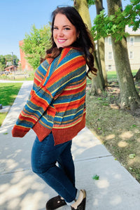 Rust & Teal Striped Two Tone Knit Pocketed Top