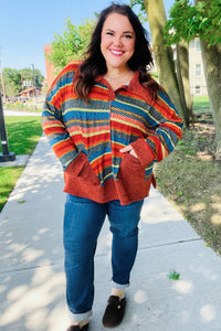 Rust & Teal Striped Two Tone Knit Pocketed Top