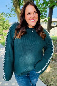 Rib Knit Stitch Detail Oversized Sweater in Hunter Green