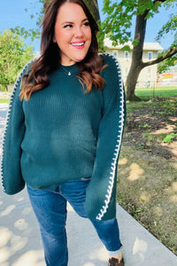 Rib Knit Stitch Detail Oversized Sweater in Hunter Green