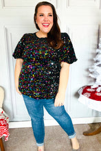 Load image into Gallery viewer, Holiday Ready Black Velvet Multicolor Sequin Puff Sleeve Top
