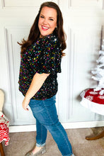 Load image into Gallery viewer, Holiday Ready Black Velvet Multicolor Sequin Puff Sleeve Top
