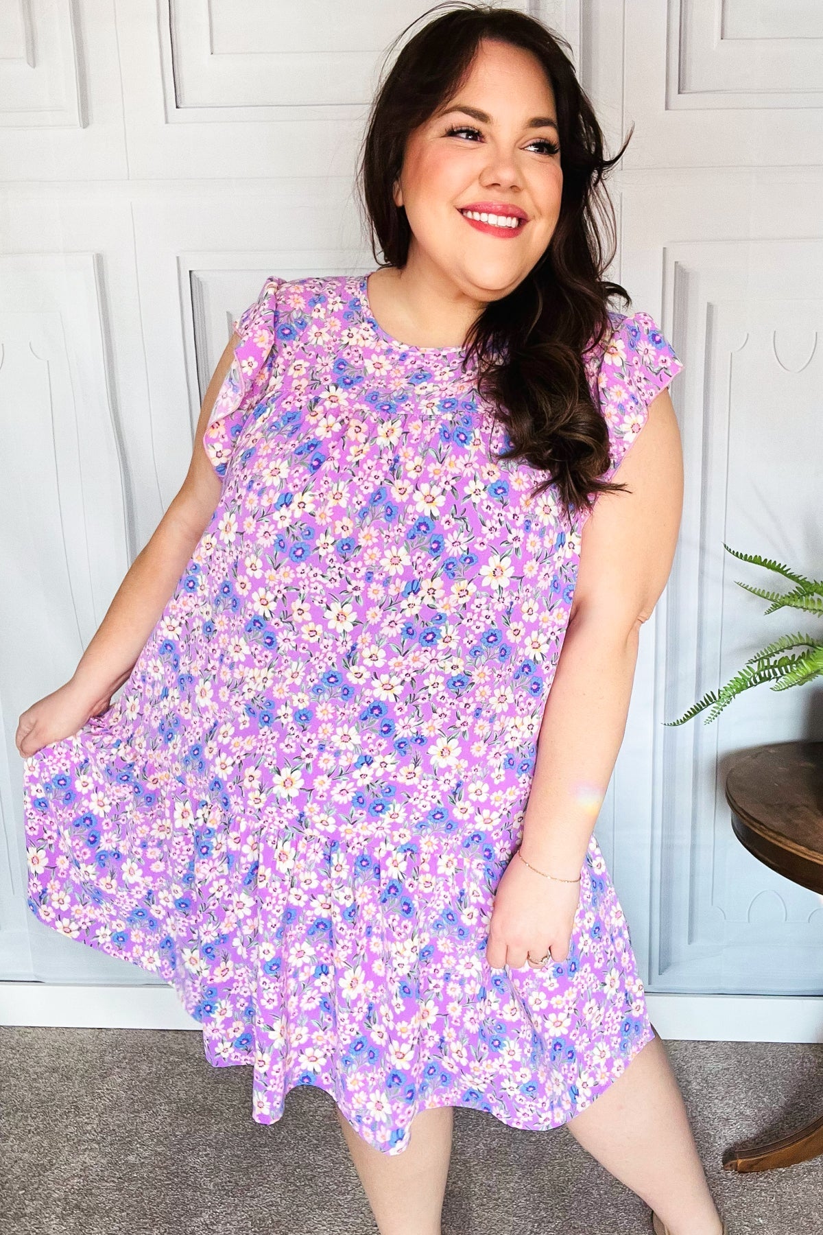 Lovely In Florals Tiered Ruffle Sleeve Woven Dress in Lilac