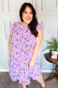 Lovely In Florals Tiered Ruffle Sleeve Woven Dress in Lilac