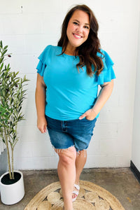 Lovely In Tiered Double Ruffle Sleeve Woven Top in Blue