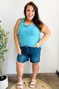 Summer Days Melange Ribbed Henley Button Down Tank in  Ice Blue