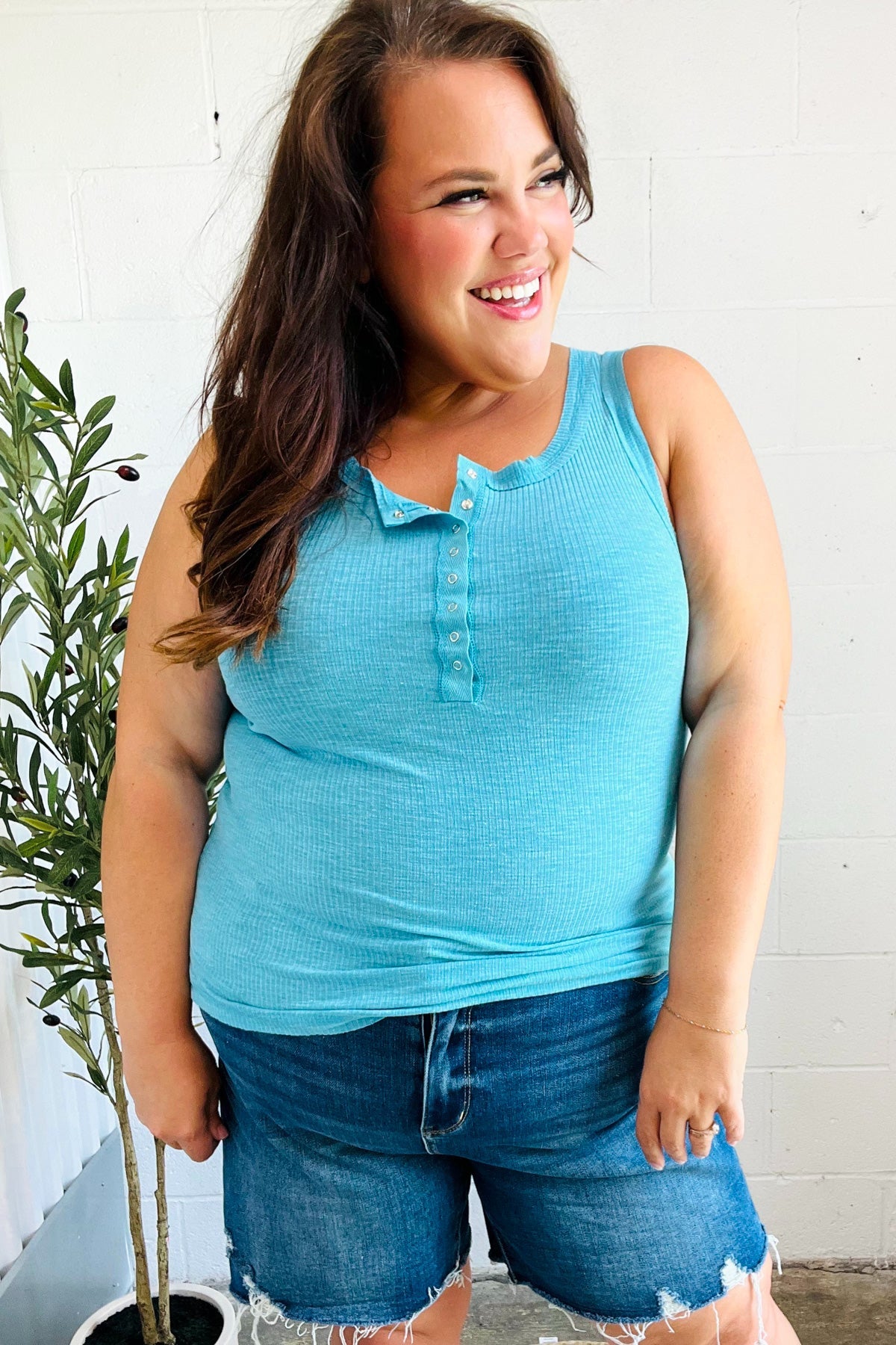 Summer Days Melange Ribbed Henley Button Down Tank in  Ice Blue