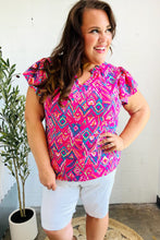 Load image into Gallery viewer, Eyes On You Fuchsia Boho Ikat Print Frill Notch Neck Top
