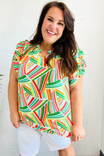 Load image into Gallery viewer, Hello Beautiful Green &amp; Orange Geo Frill Notch Neck Puff Sleeve Top
