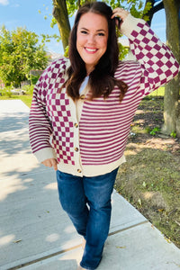 Cozy Days Checkered & Striped Button-Down Cardigan in Magenta