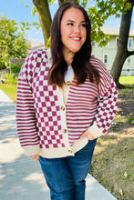 Load image into Gallery viewer, Cozy Days Checkered &amp; Striped Button-Down Cardigan in Magenta
