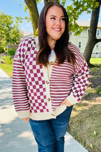 Cozy Days Checkered & Striped Button-Down Cardigan in Magenta