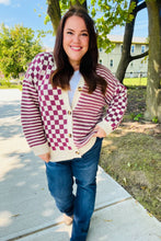 Load image into Gallery viewer, Cozy Days Checkered &amp; Striped Button-Down Cardigan in Magenta
