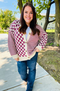 Cozy Days Checkered & Striped Button-Down Cardigan in Magenta