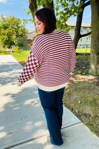 Cozy Days Checkered & Striped Button-Down Cardigan in Magenta