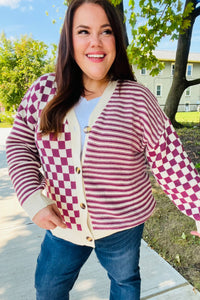 Cozy Days Checkered & Striped Button-Down Cardigan in Magenta