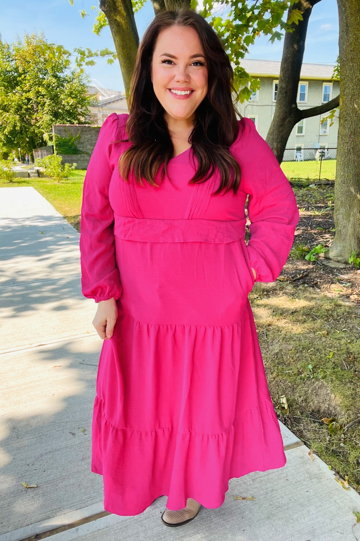 Beautiful You Pintuck Detail Frill V Neck Maxi Dress in Berry