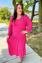 Load image into Gallery viewer, Beautiful You Pintuck Detail Frill V Neck Maxi Dress in Berry
