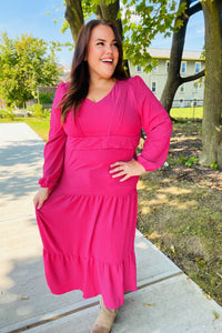 Beautiful You Pintuck Detail Frill V Neck Maxi Dress in Berry