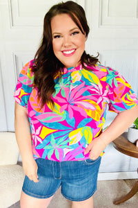 Vacay Ready Fuchsia Tropical Print Frill Mock Neck Top