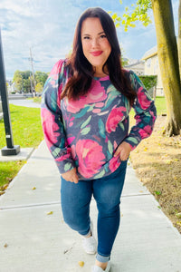 On My Heart Floral Brushed Hacci Sweater Top in Navy