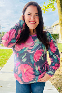 On My Heart Floral Brushed Hacci Sweater Top in Navy