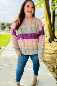 Fall For You Multicolor Stripe Cable Knit Mock Neck Sweater in Mauve