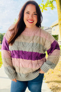 Fall For You Multicolor Stripe Cable Knit Mock Neck Sweater in Mauve