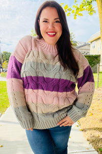 Fall For You Multicolor Stripe Cable Knit Mock Neck Sweater in Mauve