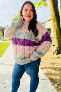 Fall For You Multicolor Stripe Cable Knit Mock Neck Sweater in Mauve