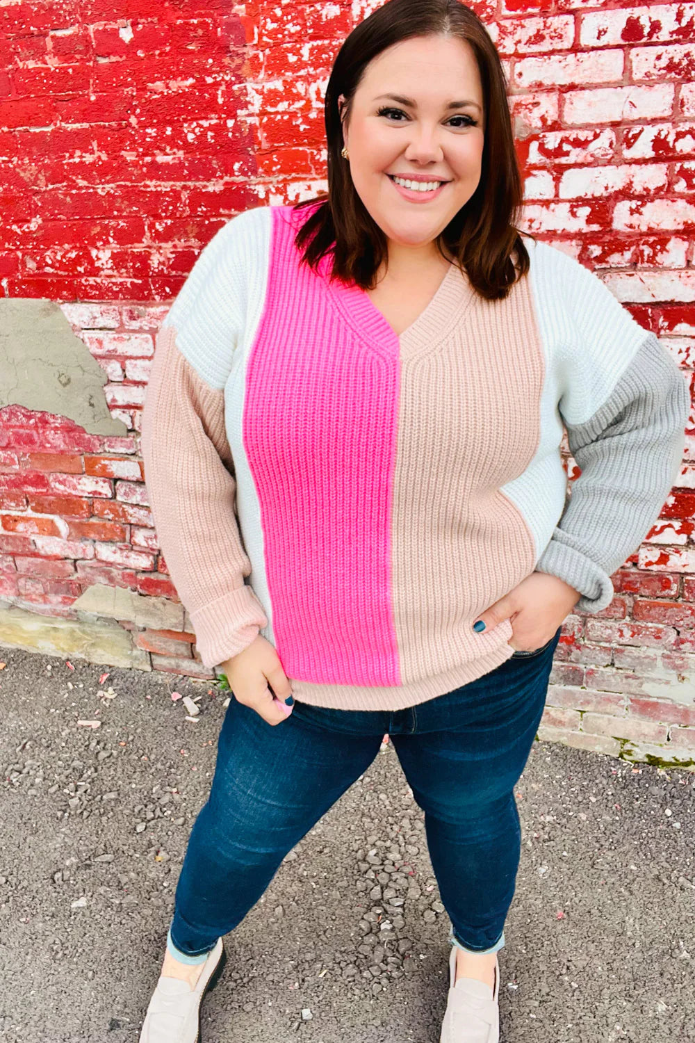 Cotton Candy Cuddles V Neck Color Block Sweater Top