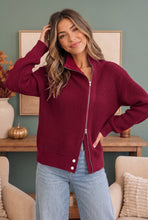Load image into Gallery viewer, On Set Zip-Up Ribbed Sweater Jacket in Cranberry
