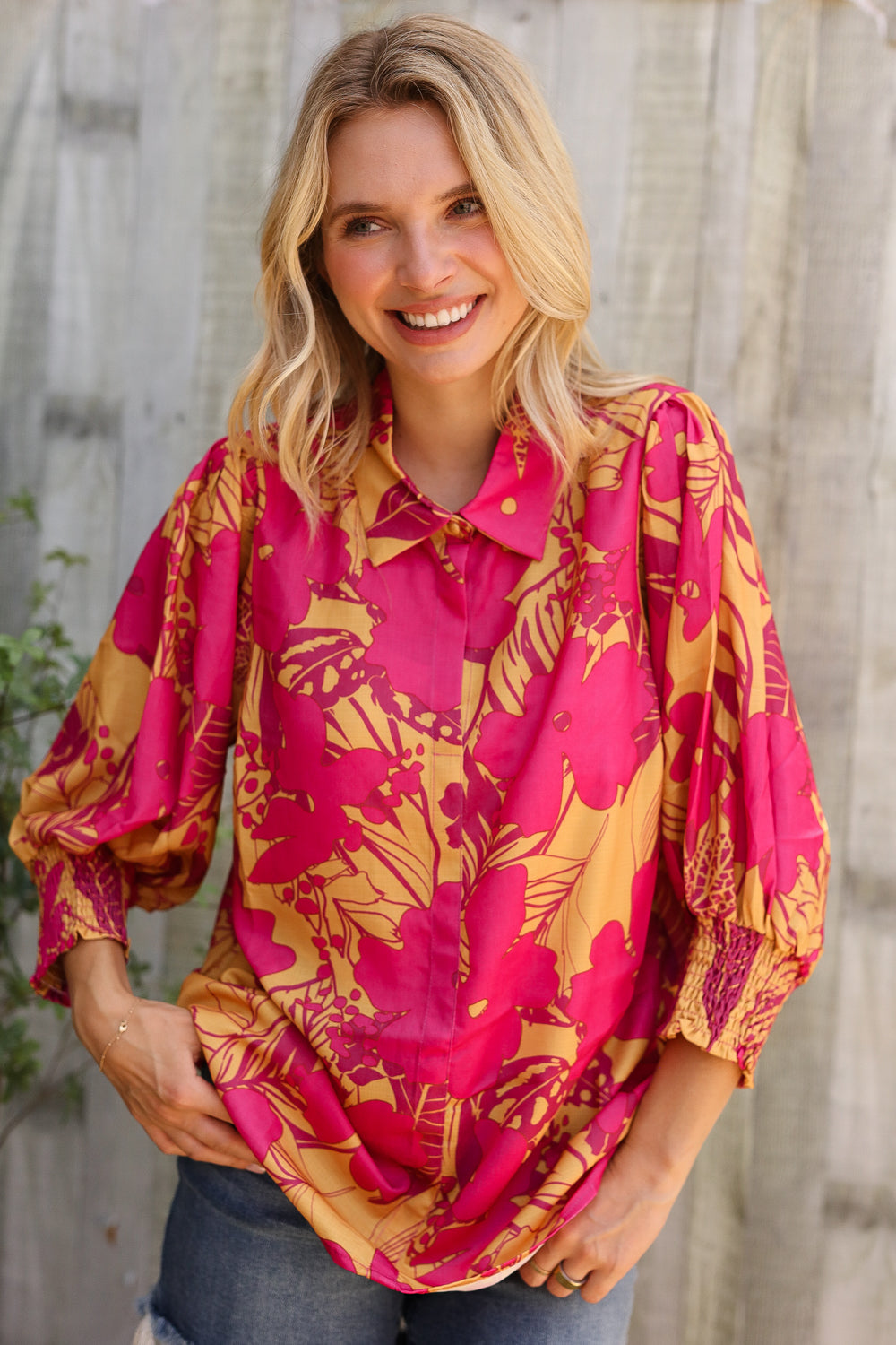 Elegant In Fuchsia & Gold Satin Button-Down Smock Long Sleeve Bouse