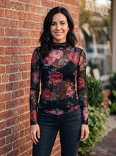 Load image into Gallery viewer, Floral Print Sheer Mesh Long Sleeve Mock Neck Top (multiple color options)
