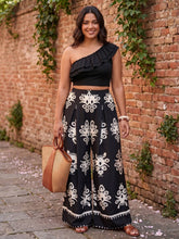 Load image into Gallery viewer, Midnight Muse One-Shoulder Ruffled Crop Top and Wide-Leg Printed Pants Set

