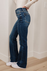 Josephine Mid Rise Raw Hem Bootcut Jeans by Judy Blue